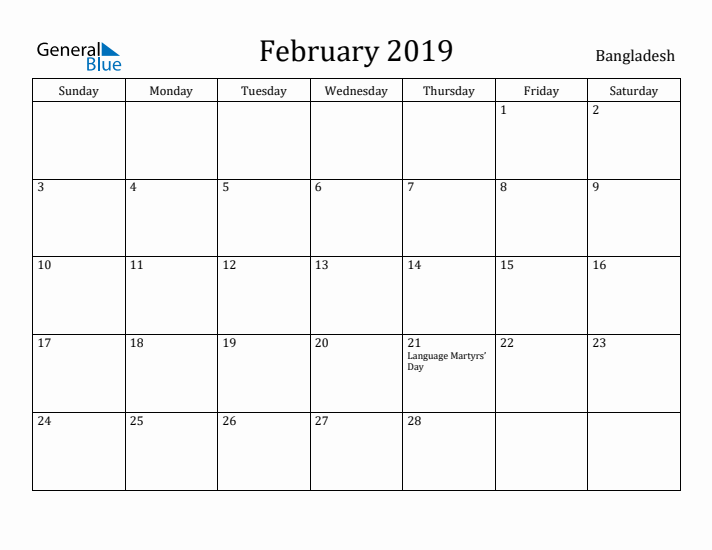 February 2019 Calendar Bangladesh