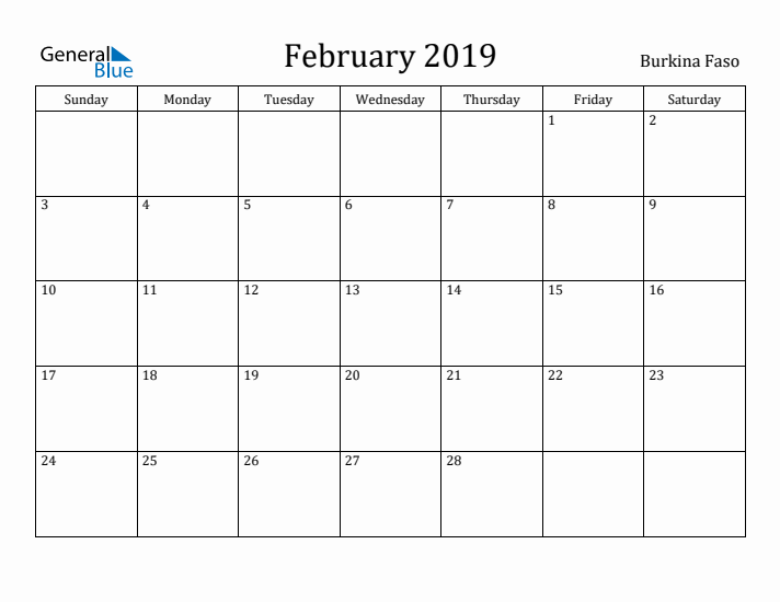 February 2019 Calendar Burkina Faso