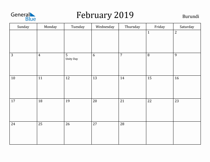 February 2019 Calendar Burundi