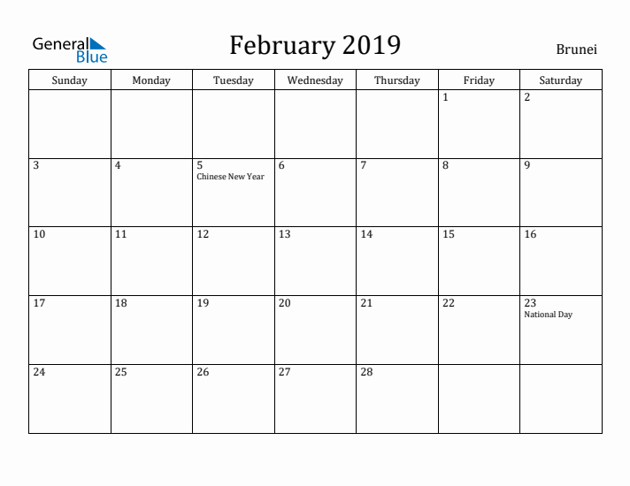 February 2019 Calendar Brunei
