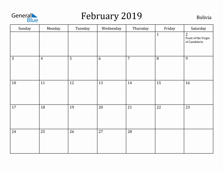 February 2019 Calendar Bolivia