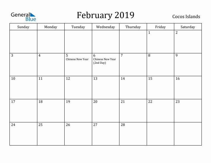 February 2019 Calendar Cocos Islands