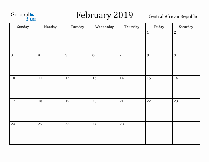 February 2019 Calendar Central African Republic
