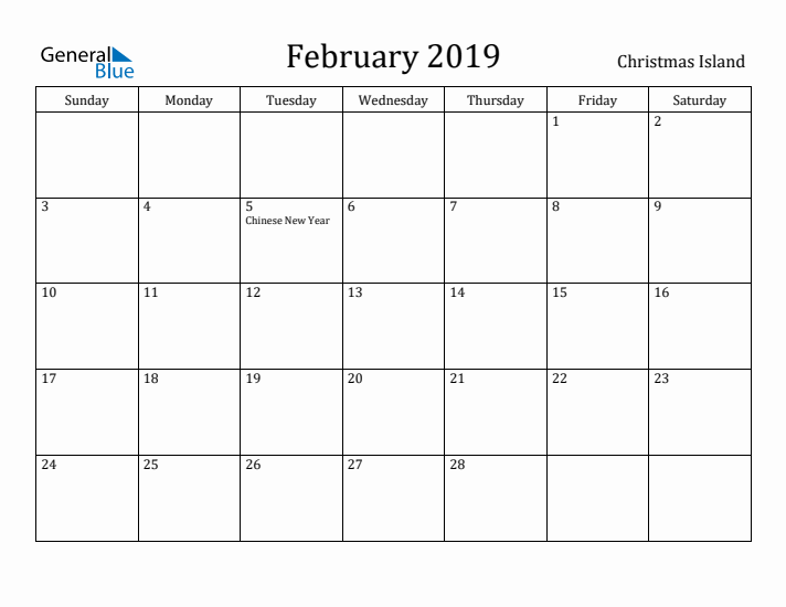 February 2019 Calendar Christmas Island