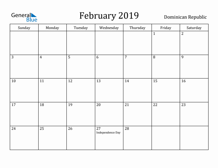 February 2019 Calendar Dominican Republic