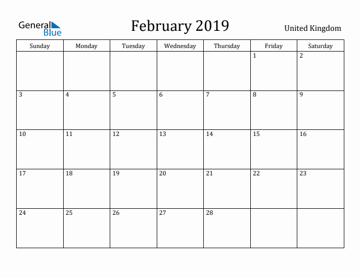 February 2019 Calendar United Kingdom
