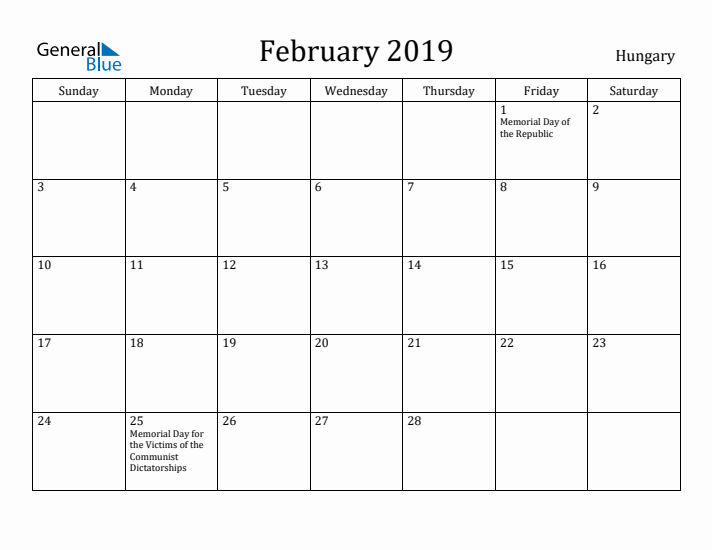 February 2019 Calendar Hungary