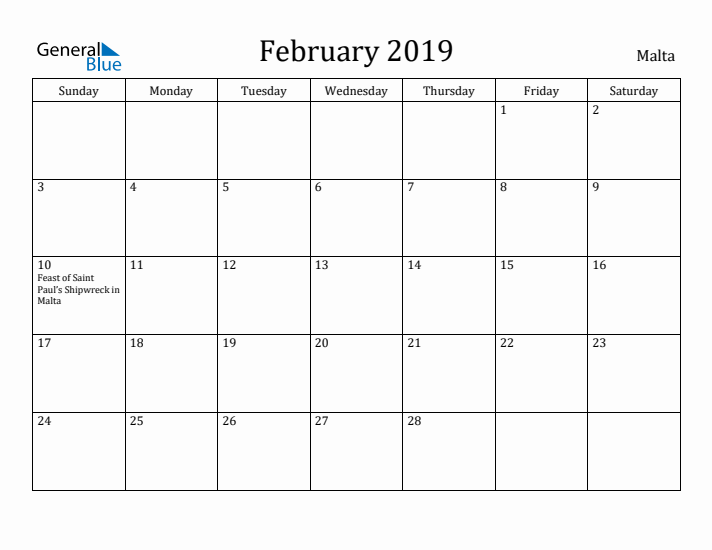 February 2019 Calendar Malta