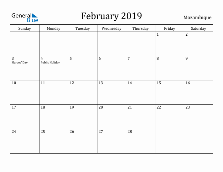 February 2019 Calendar Mozambique