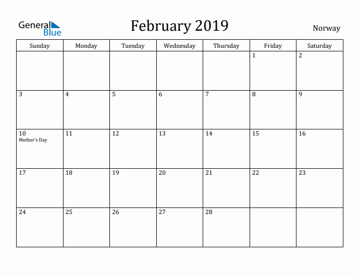 February 2019 Calendar Norway