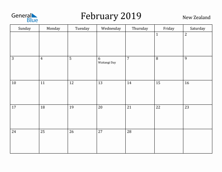February 2019 Calendar New Zealand