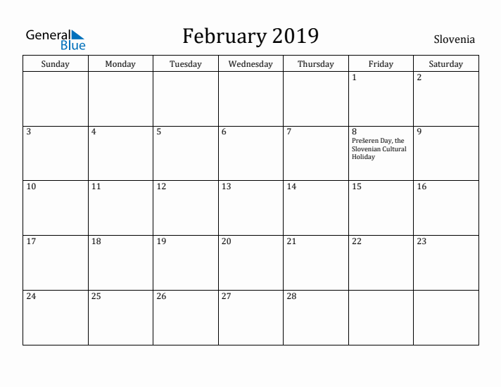 February 2019 Calendar Slovenia