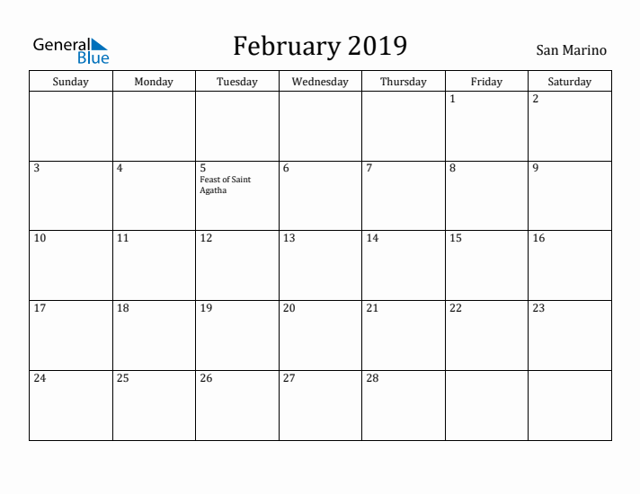 February 2019 Calendar San Marino