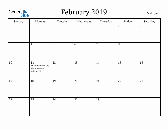 February 2019 Calendar Vatican