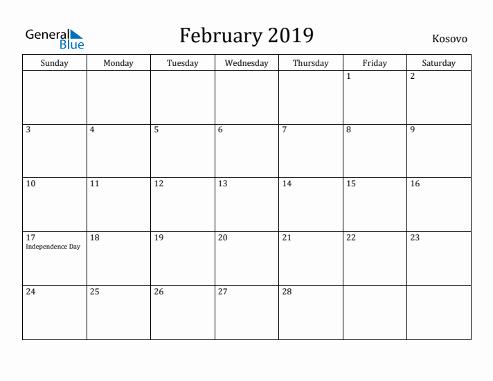 February 2019 Calendar Kosovo