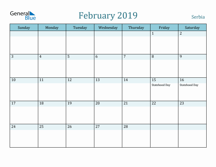 February 2019 Calendar with Holidays