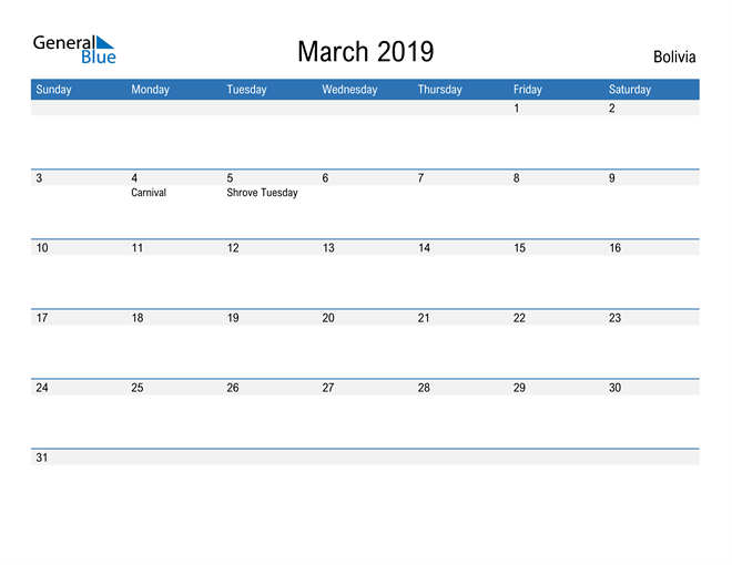 March 2019 Calendar with Bolivia Holidays