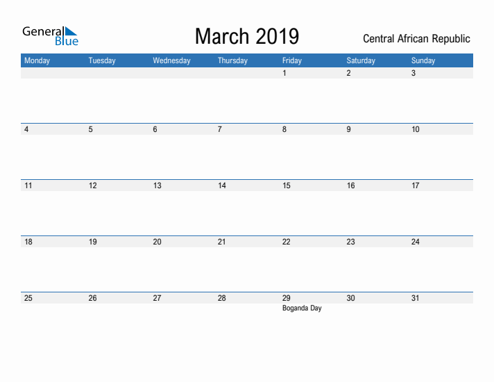 Fillable March 2019 Calendar