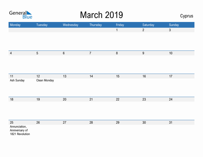 Fillable March 2019 Calendar