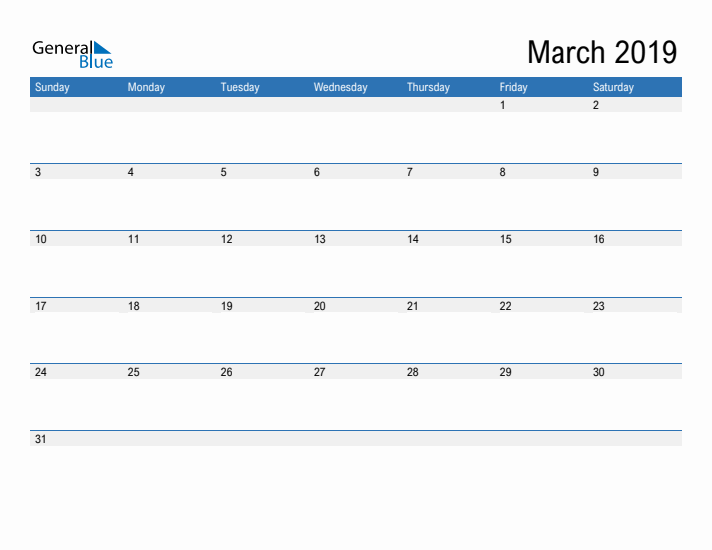 Fillable Calendar for March 2019