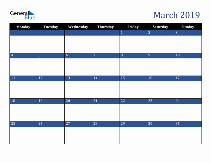 Monday Start Calendar for March 2019