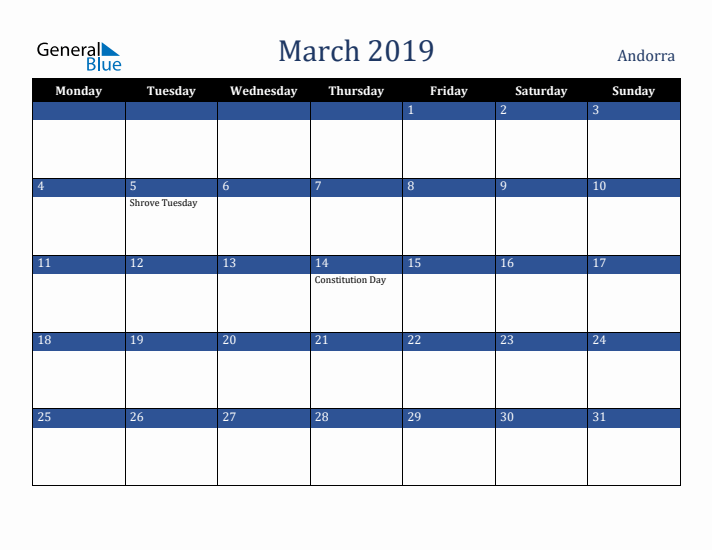 March 2019 Andorra Calendar (Monday Start)