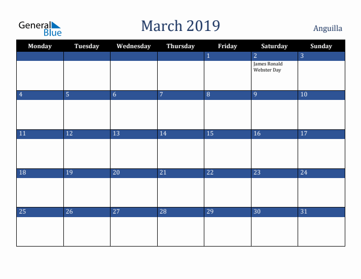 March 2019 Anguilla Calendar (Monday Start)