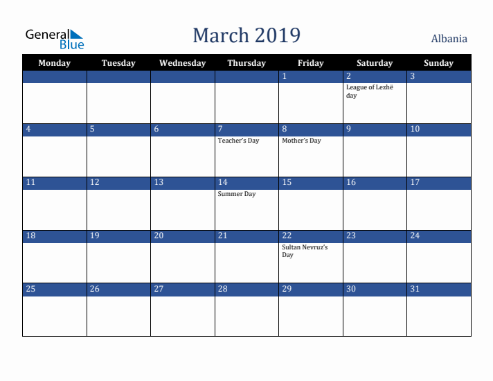 March 2019 Albania Calendar (Monday Start)