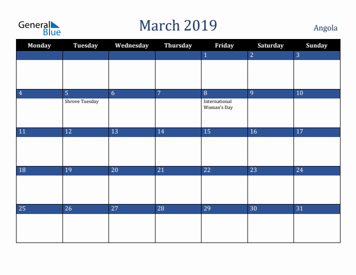 March 2019 Angola Calendar (Monday Start)