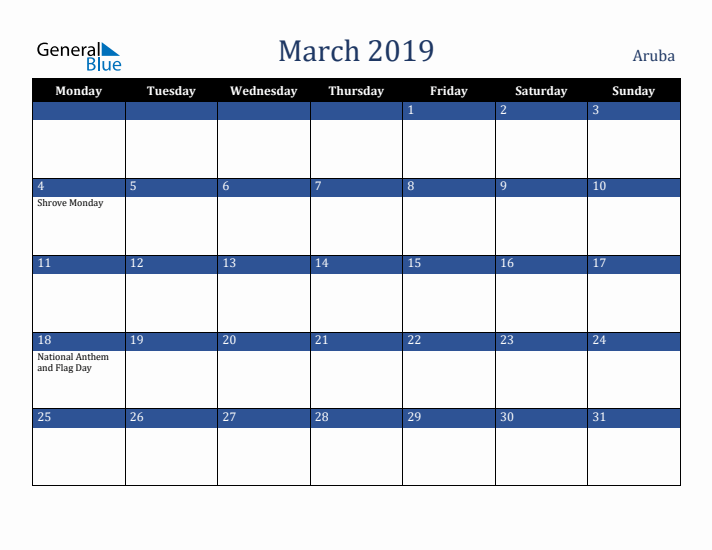 March 2019 Aruba Calendar (Monday Start)