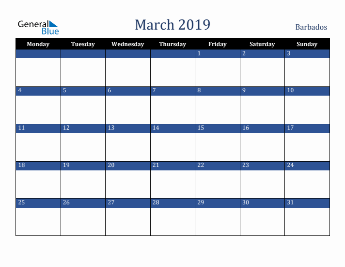 March 2019 Barbados Calendar (Monday Start)