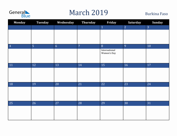 March 2019 Burkina Faso Calendar (Monday Start)