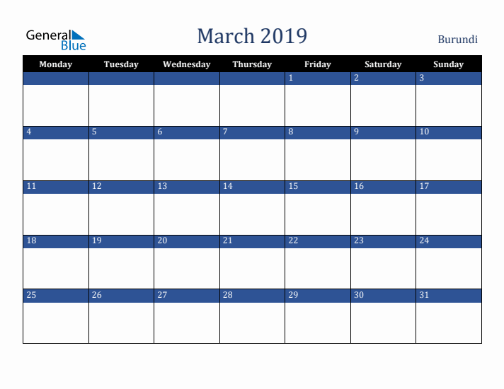 March 2019 Burundi Calendar (Monday Start)