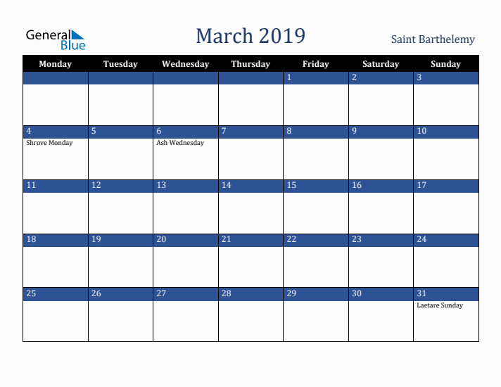 March 2019 Saint Barthelemy Calendar (Monday Start)