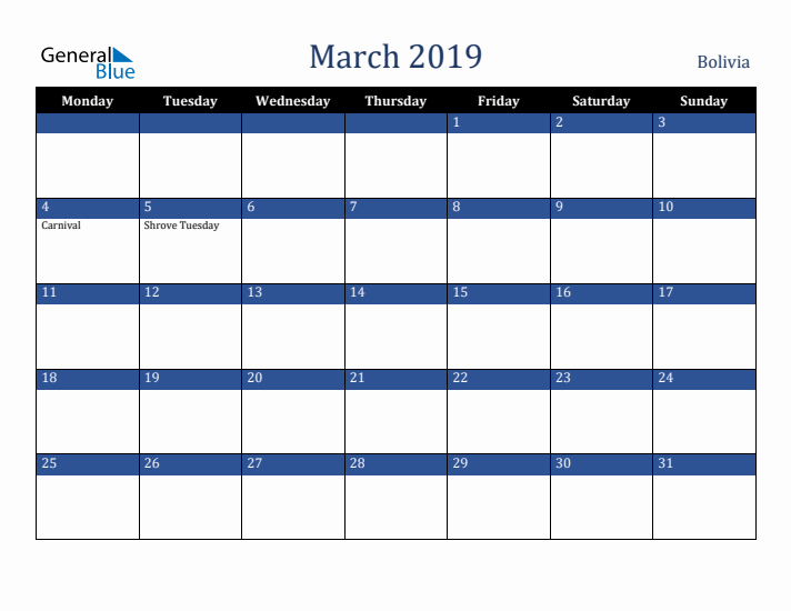 March 2019 Bolivia Calendar (Monday Start)