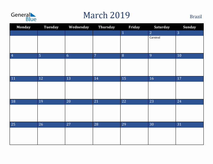 March 2019 Brazil Calendar (Monday Start)