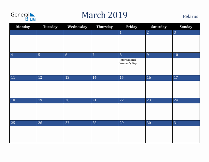 March 2019 Belarus Calendar (Monday Start)