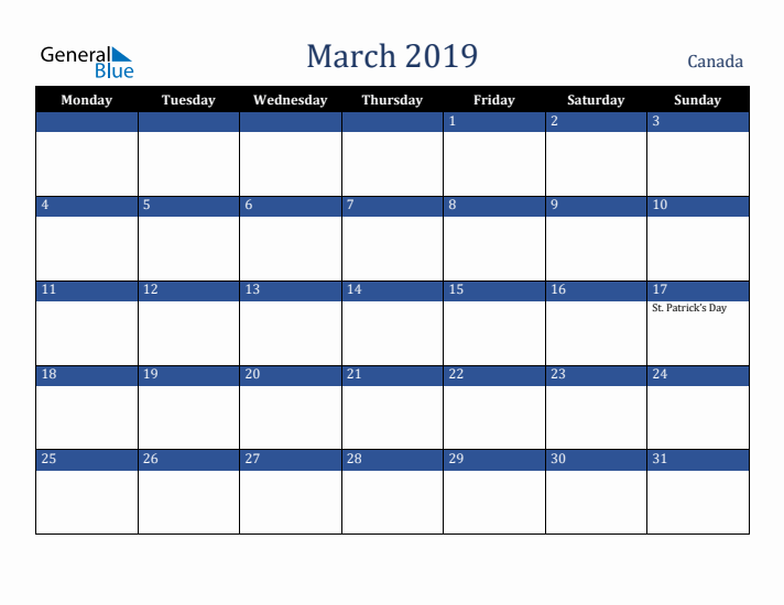 March 2019 Canada Calendar (Monday Start)