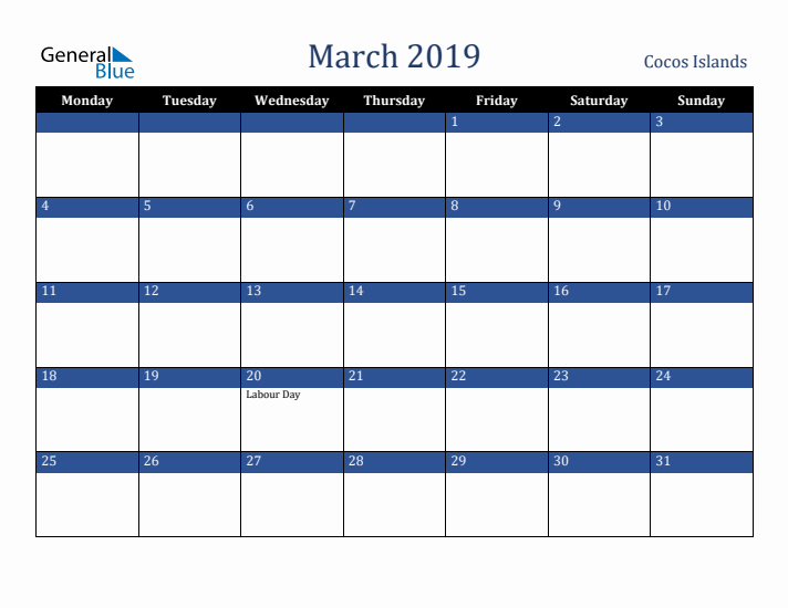 March 2019 Cocos Islands Calendar (Monday Start)