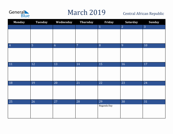 March 2019 Central African Republic Calendar (Monday Start)