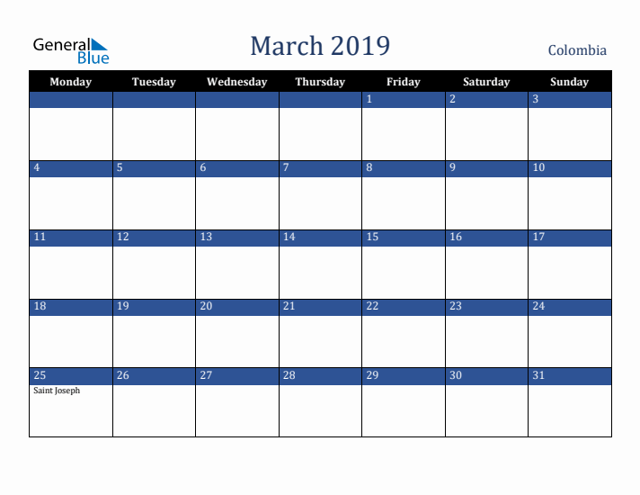 March 2019 Colombia Calendar (Monday Start)
