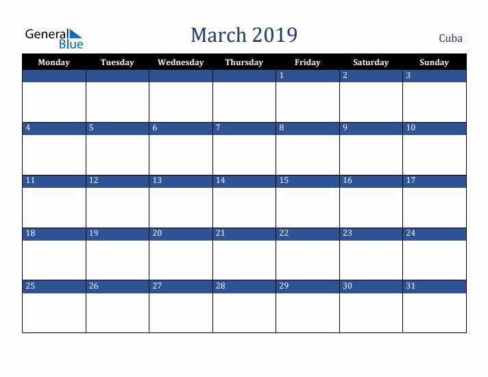 March 2019 Cuba Calendar (Monday Start)