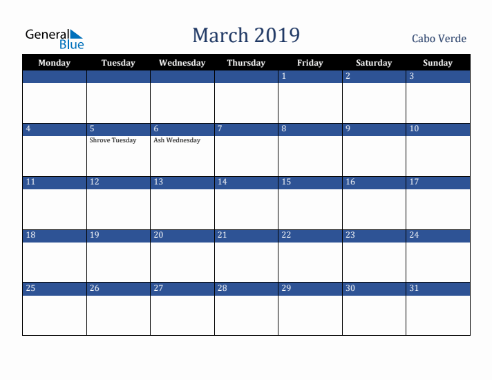 March 2019 Cabo Verde Calendar (Monday Start)