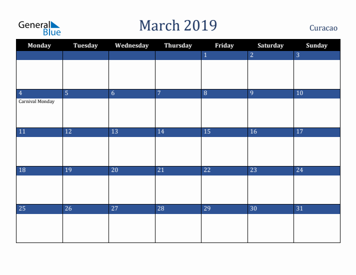 March 2019 Curacao Calendar (Monday Start)
