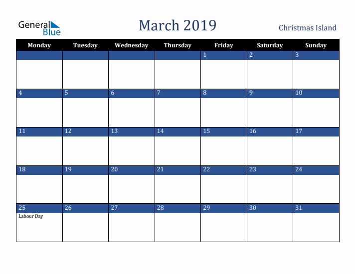 March 2019 Christmas Island Calendar (Monday Start)