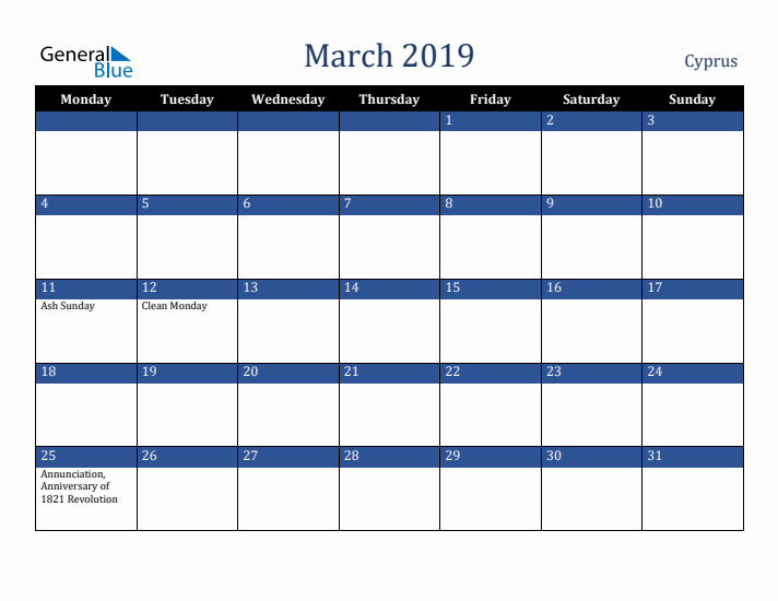 March 2019 Cyprus Calendar (Monday Start)