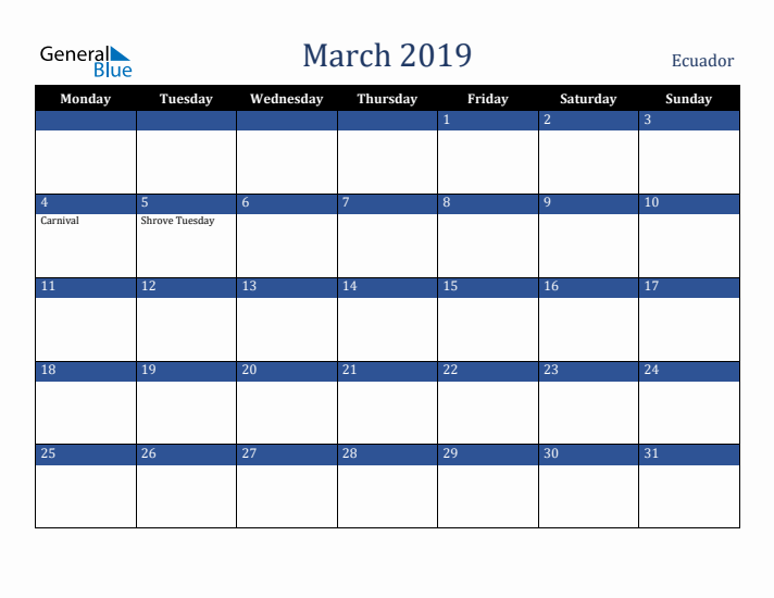 March 2019 Ecuador Calendar (Monday Start)
