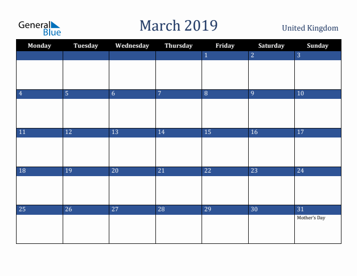 March 2019 United Kingdom Calendar (Monday Start)