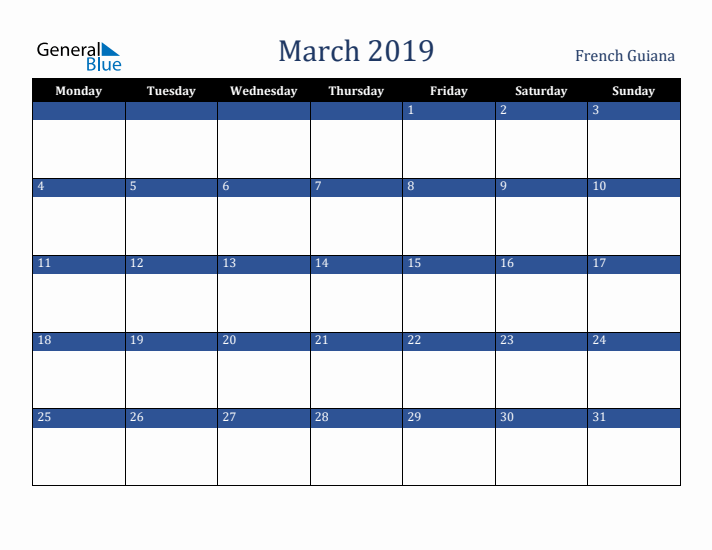 March 2019 French Guiana Calendar (Monday Start)