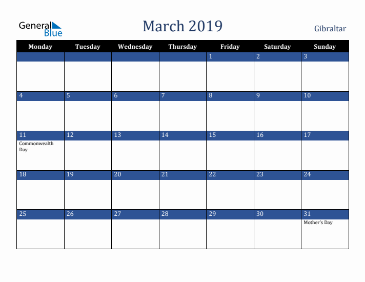 March 2019 Gibraltar Calendar (Monday Start)